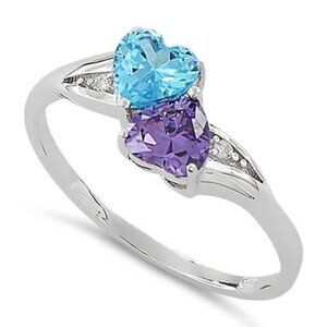 Sterling Silver Double Heart Amethyst & Aquamarine CZ Ring:
